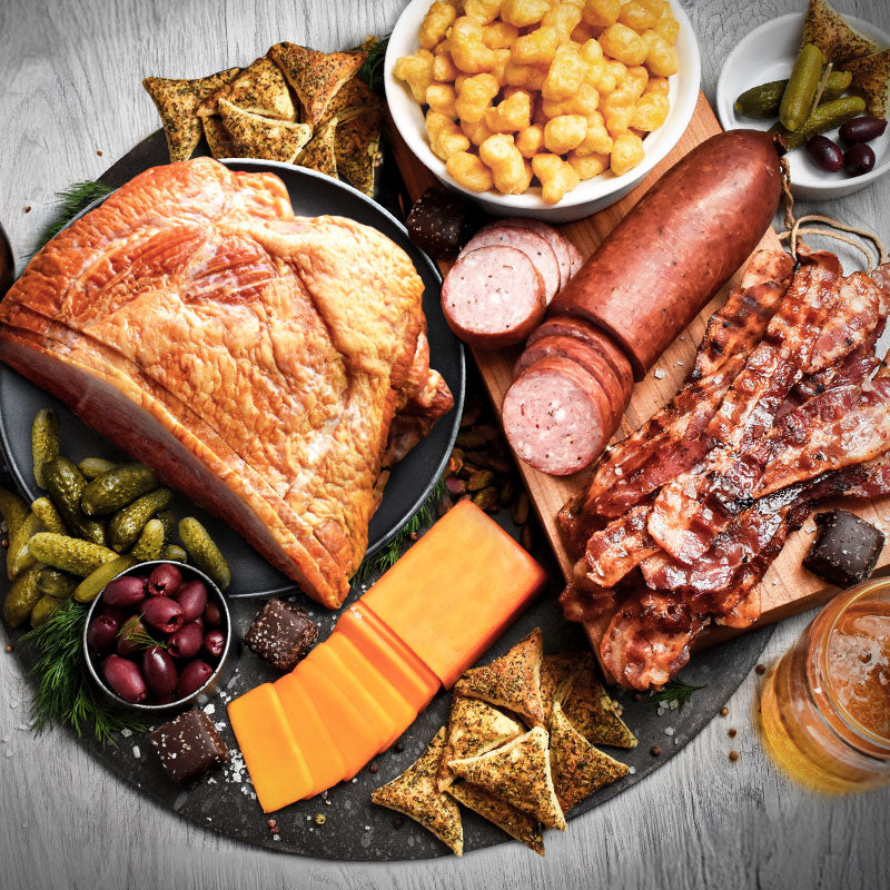 heartland combo displayed on a cutting board and serving tray