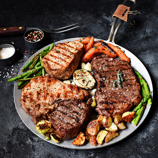 gourmet collection on metal serving tray with vegetables